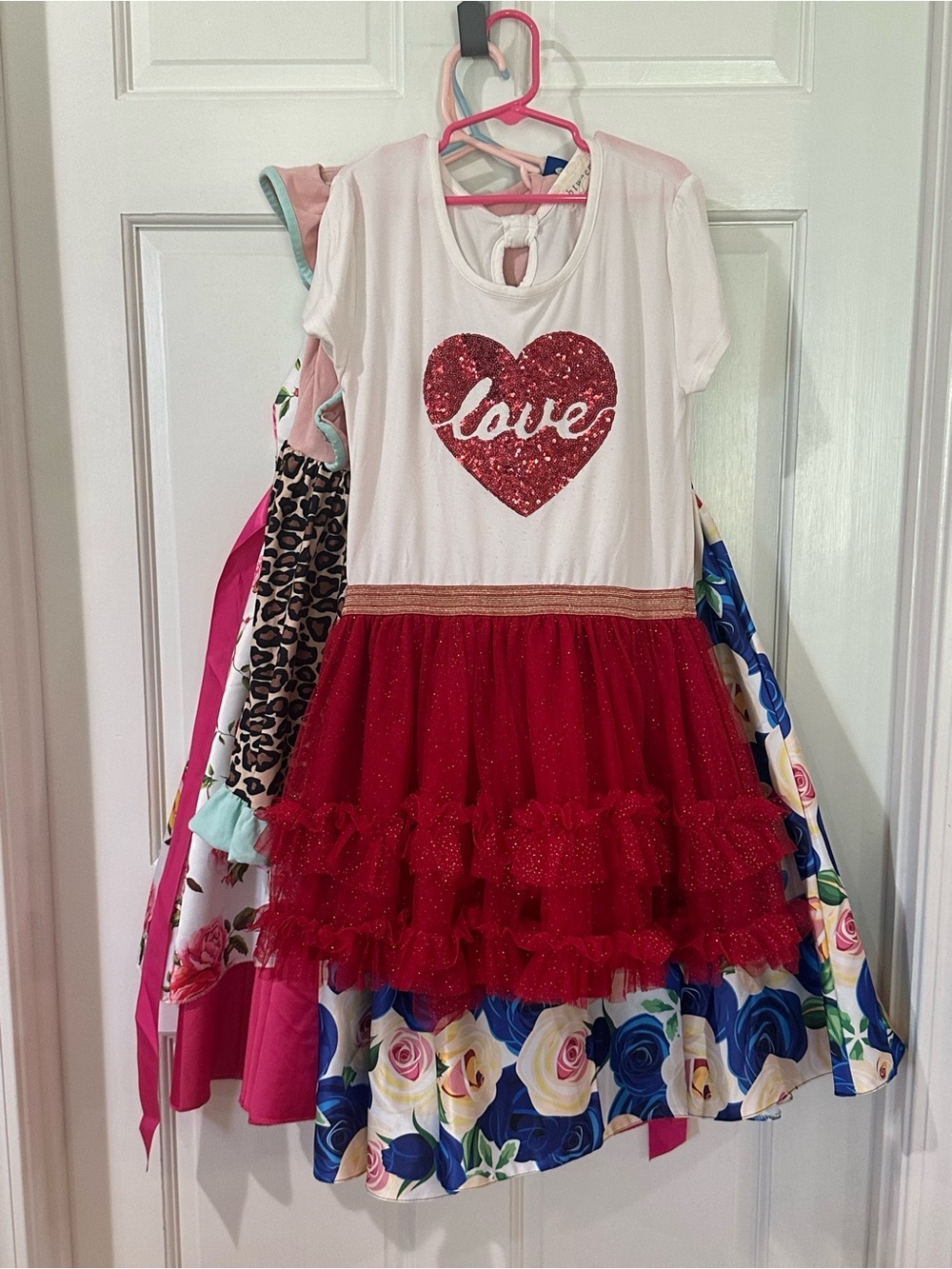 FOUR dresses. red/white, pink floral, blue floral, pink/leopard